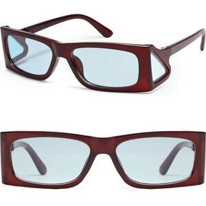 Vintage Wrap-Around Rectangle Sunglasses with Burgundy Frame & Blue Lens Design